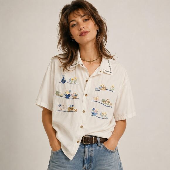 John Henry Tops - Vtg John Henry 90s Embroider Cottagecore Button Down Shirt 100% Cotton M Novelty